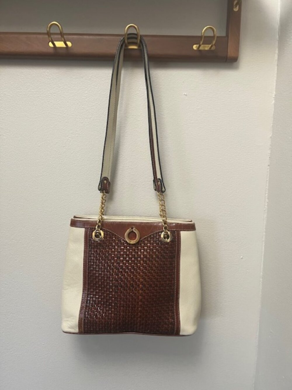 Bally Cream and Brown Woven Leather Shoulder Bag